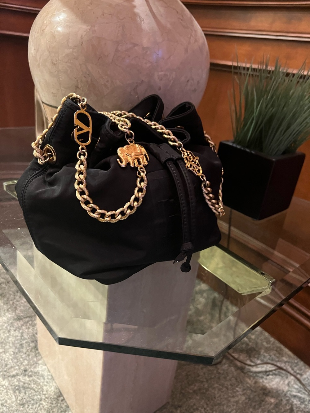 Vintage Valentino Black Nylon Drawstring Bucket Bag with Gold Chain Strap